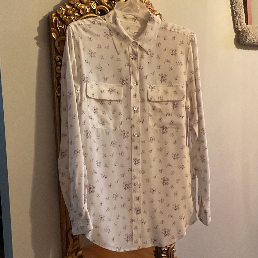 Equipment Cream White and Purple Floral Button Down Silk Shirt Size SP